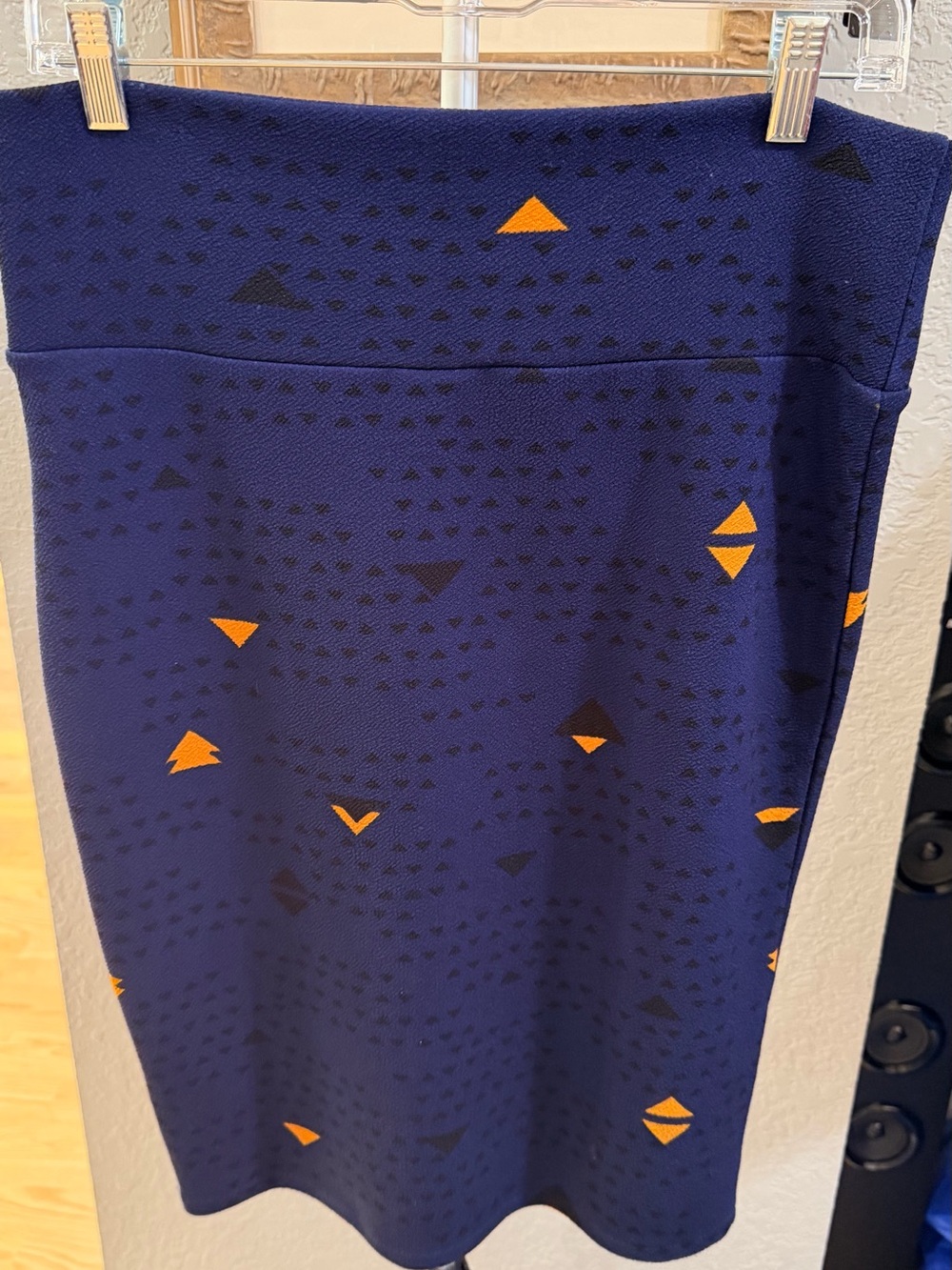LuLaRoe Navy Pencil Skirt with Orange Geometric Accents - Picture 2 of 7